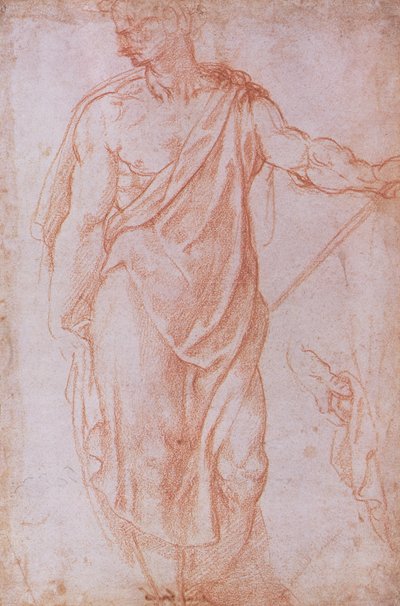 Sketch of a man holding a staff and a study of a hand by Michelangelo Buonarroti